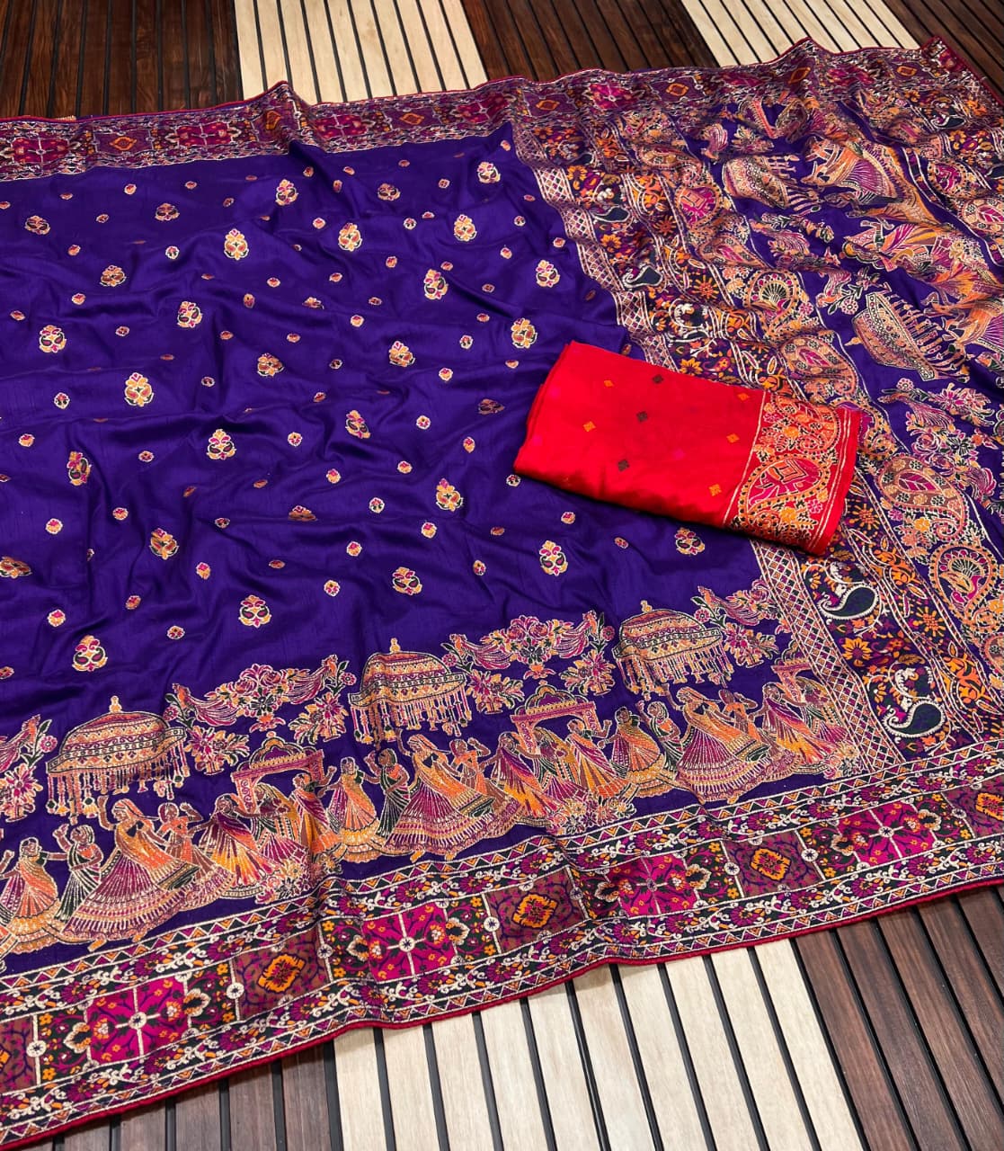 Purple color Pashmina Silk Saree with Unstitched Blouse