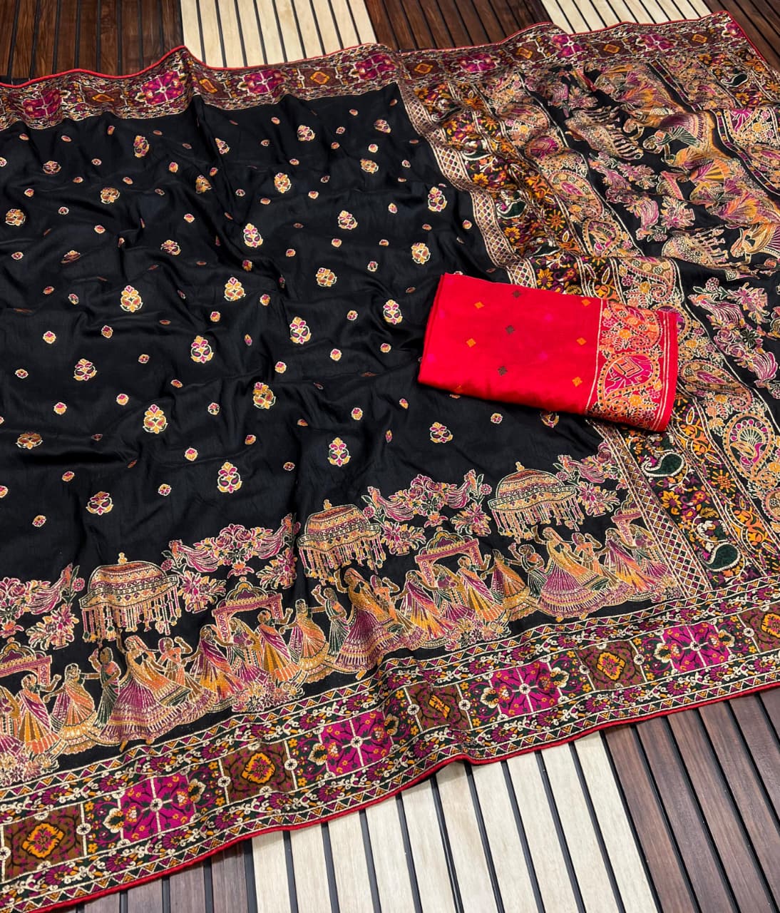 Black color Pashmina Silk Saree with Unstitched Blouse