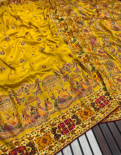 Yellow color Pashmina Silk Saree with Unstitched Blouse