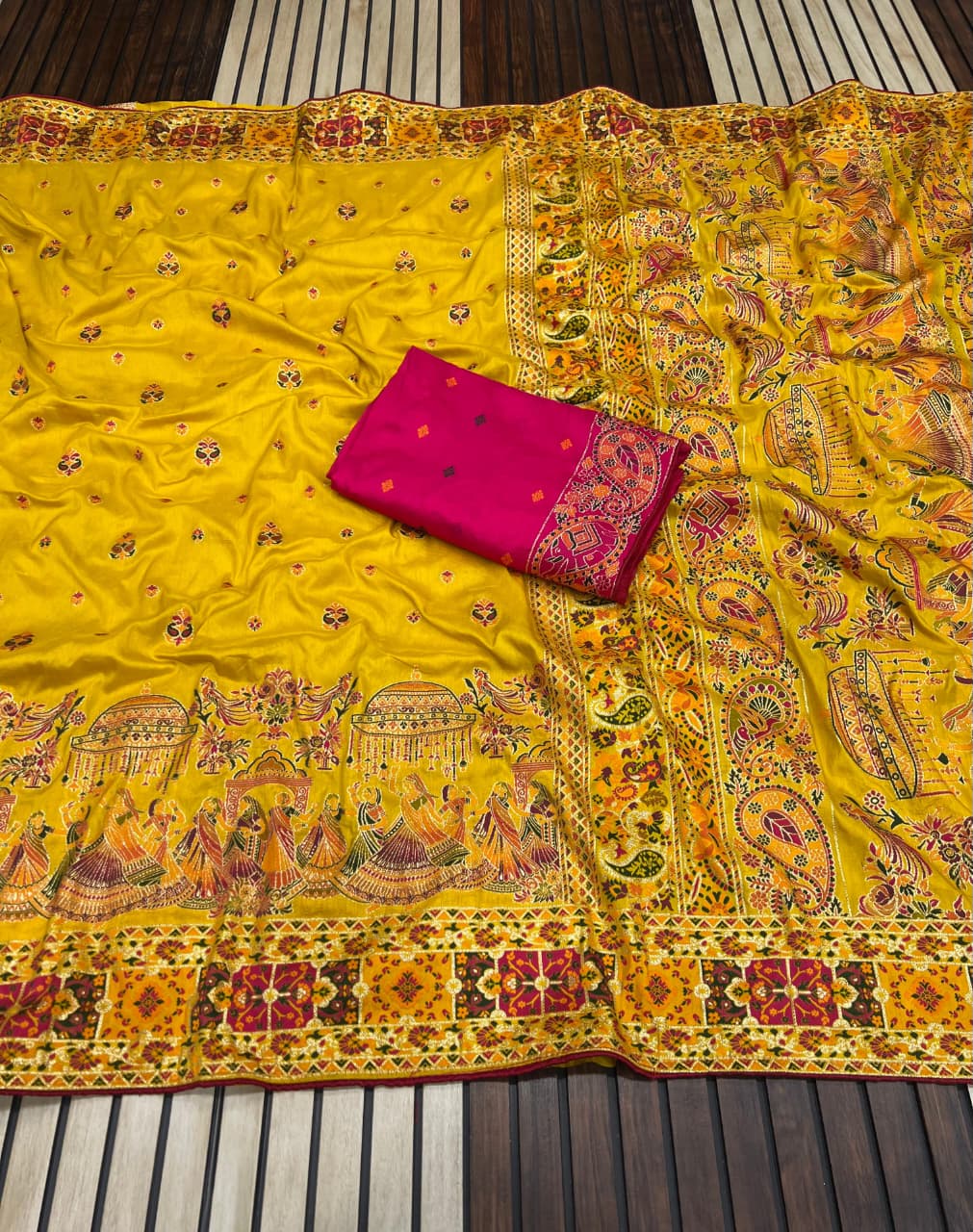 Yellow color Pashmina Silk Saree with Unstitched Blouse