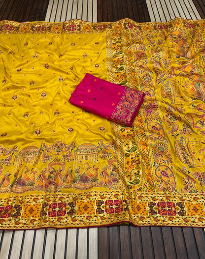 Yellow color Pashmina Silk Saree with Unstitched Blouse
