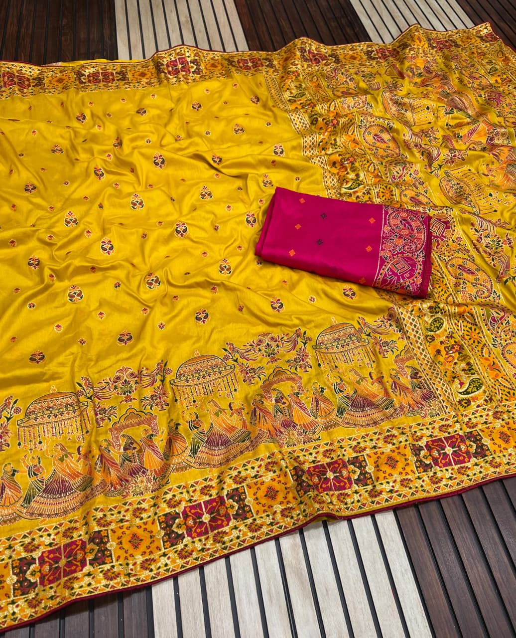 Yellow color Pashmina Silk Saree with Unstitched Blouse