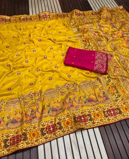 Yellow color Pashmina Silk Saree with Unstitched Blouse