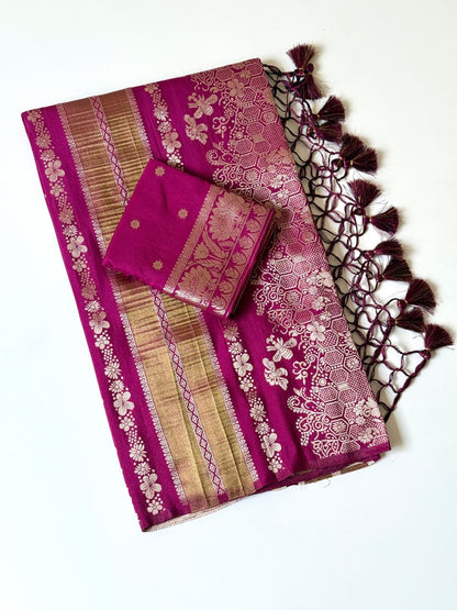 Wine color Jaqurad Weaving Traditional Saree with Unstitched Blouse