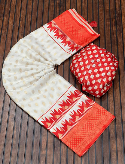 White color Jari Jaqurad all Over Butti Rich Pallu Saree with Unstitched Blouse