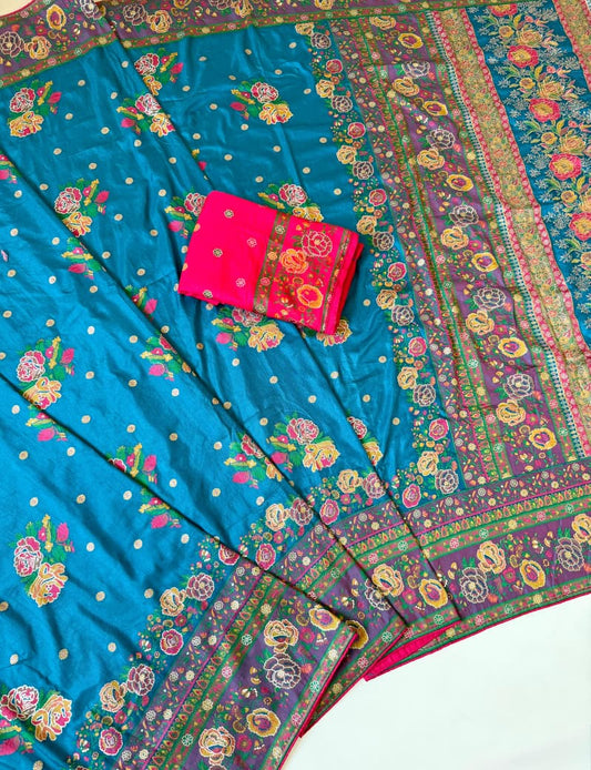 Firozi color Rajwada Pashmina Silk Saree with Unstitched Blouse