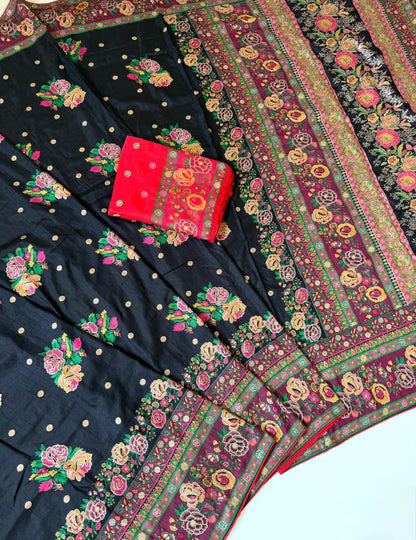 Black color Rajwada Pashmina Silk Saree with Unstitched Blouse