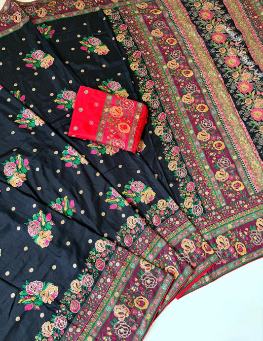 Black color Rajwada Pashmina Silk Saree with Unstitched Blouse