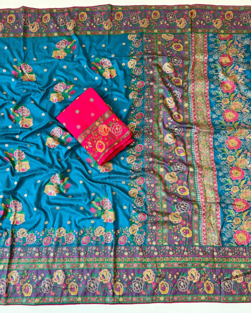 Firozi color Rajwada Pashmina Silk Saree with Unstitched Blouse