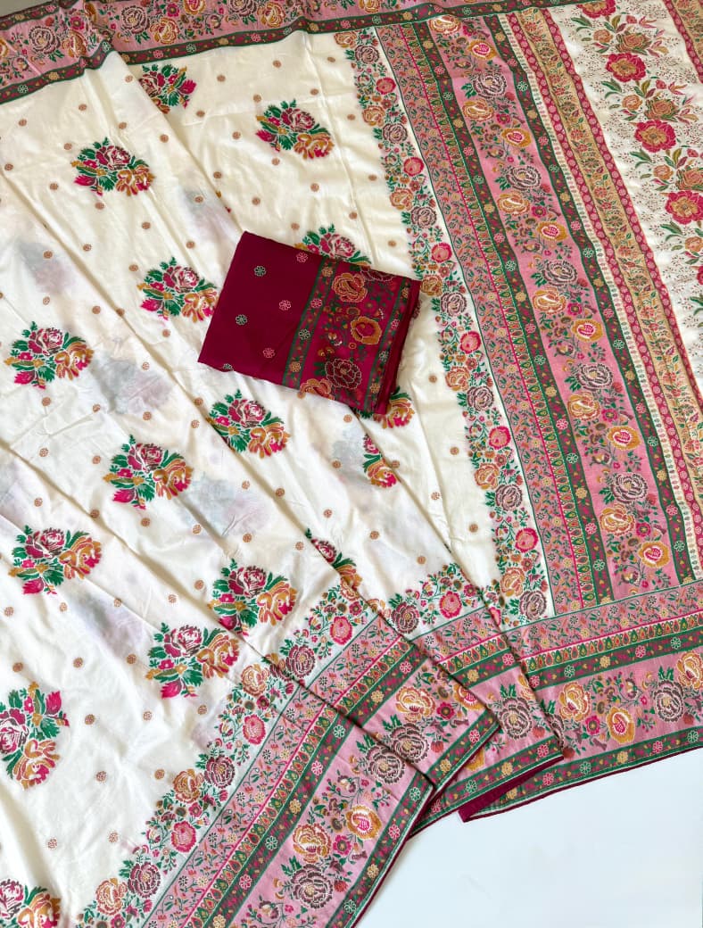 White color Rajwada Pashmina Silk Saree with Unstitched Blouse