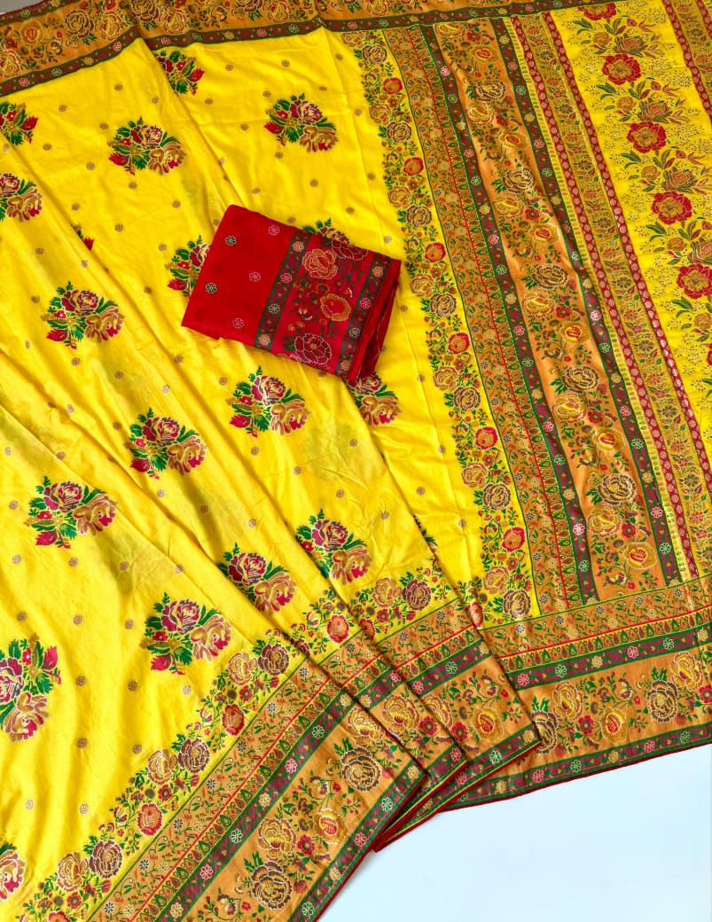 Yellow color Rajwada Pashmina Silk Saree with Unstitched Blouse