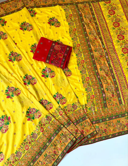 Yellow color Rajwada Pashmina Silk Saree with Unstitched Blouse