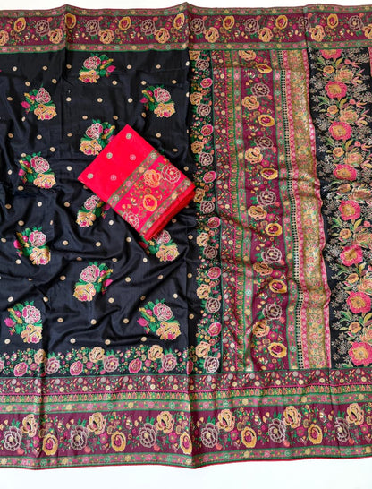 Black color Rajwada Pashmina Silk Saree with Unstitched Blouse