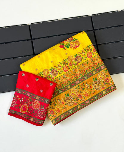 Yellow color Rajwada Pashmina Silk Saree with Unstitched Blouse