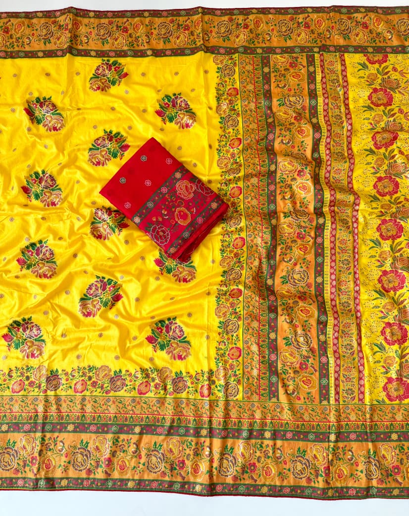 Yellow color Rajwada Pashmina Silk Saree with Unstitched Blouse
