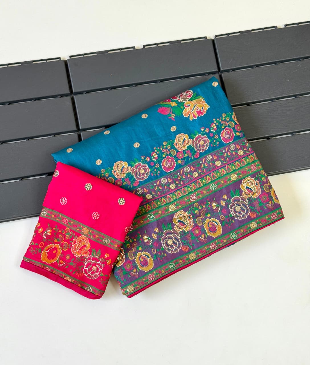 Firozi color Rajwada Pashmina Silk Saree with Unstitched Blouse