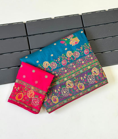 Firozi color Rajwada Pashmina Silk Saree with Unstitched Blouse