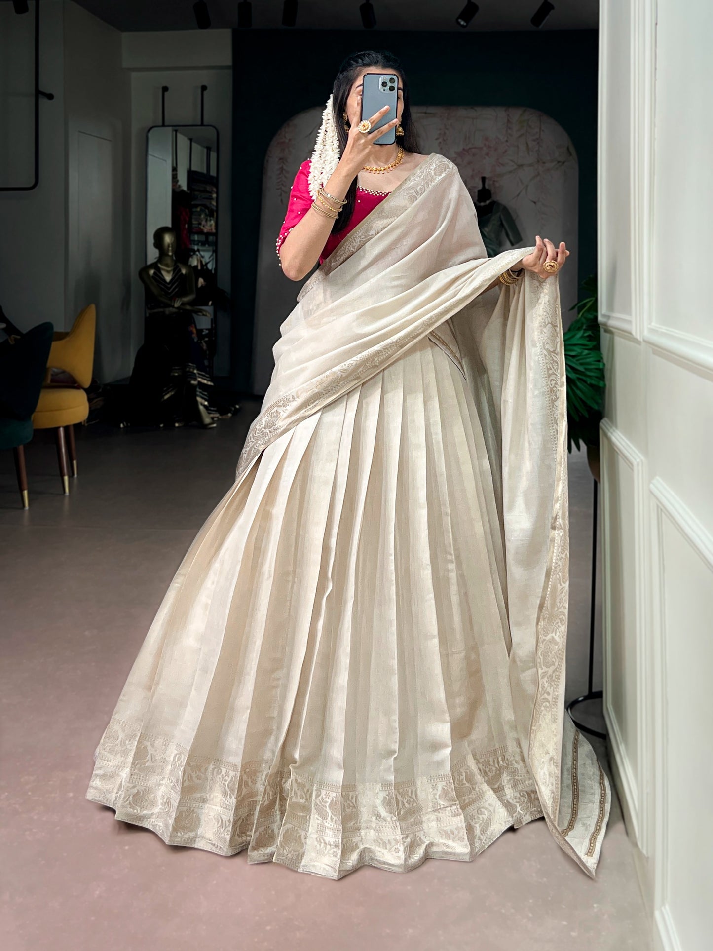 Cream color South Indian Lehenga Choli