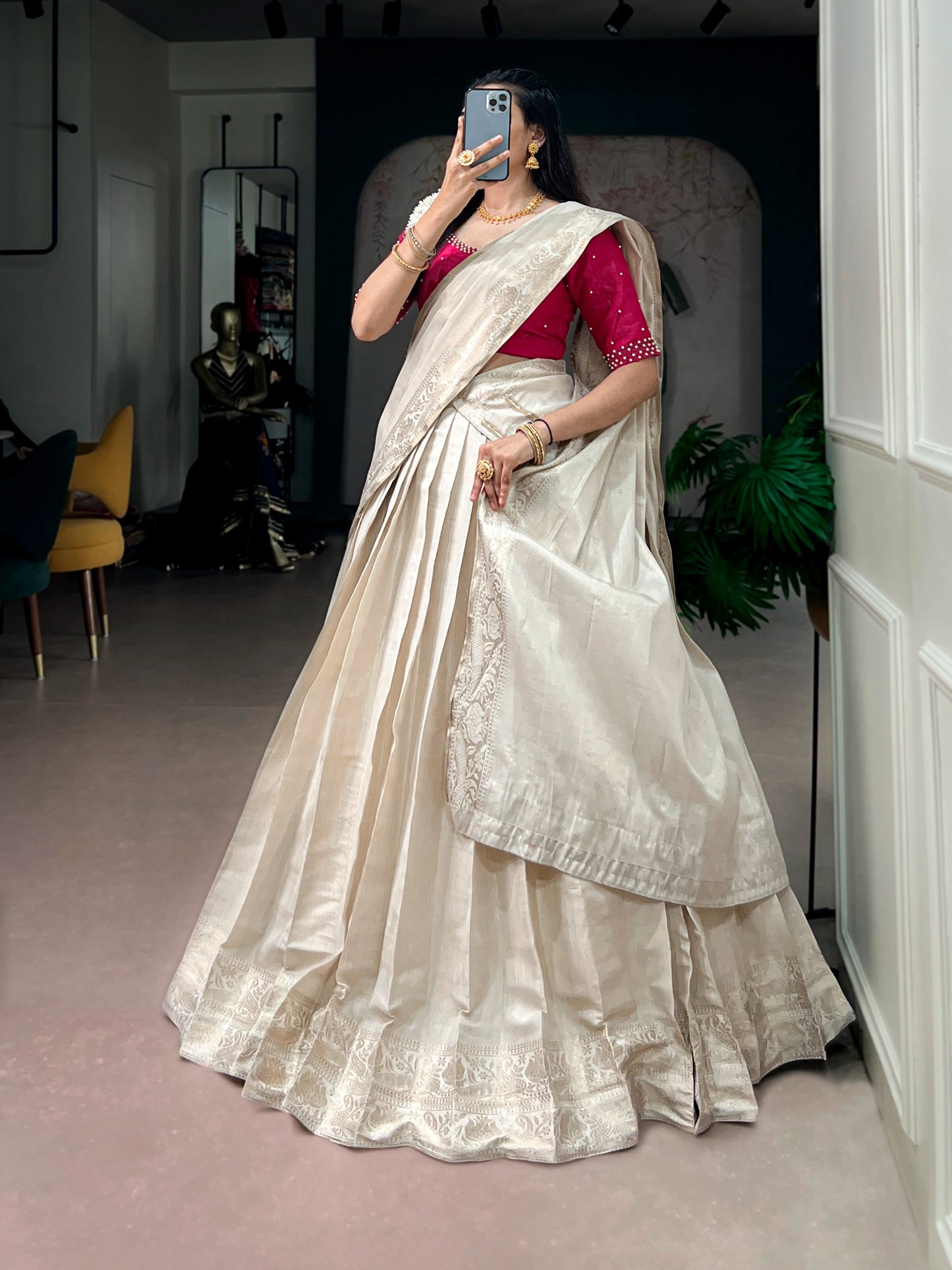 Cream color South Indian Lehenga Choli
