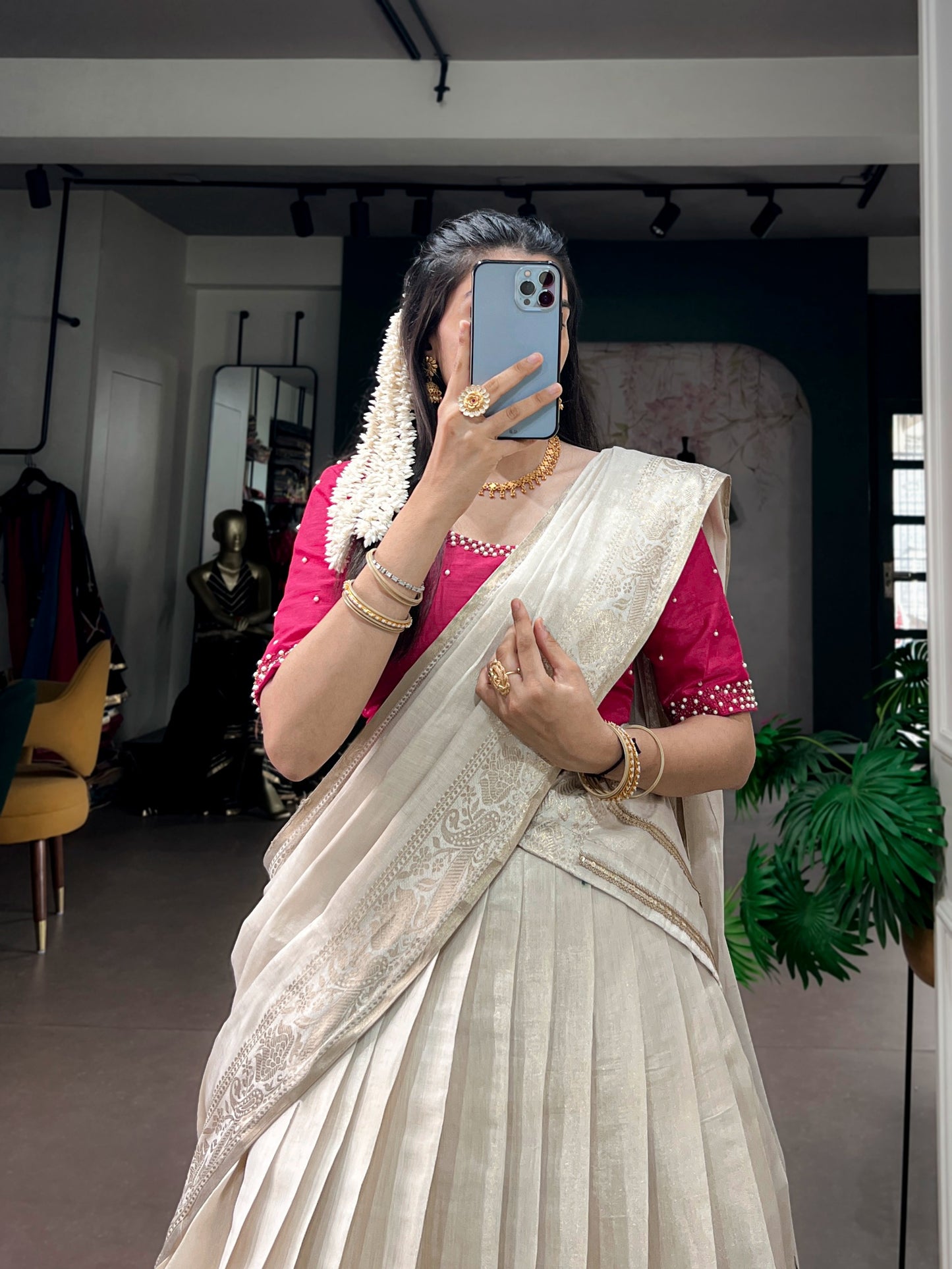 Cream color South Indian Lehenga Choli