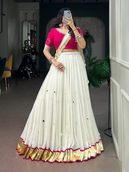 White color Real Mirror work Navratri Lehenga choli