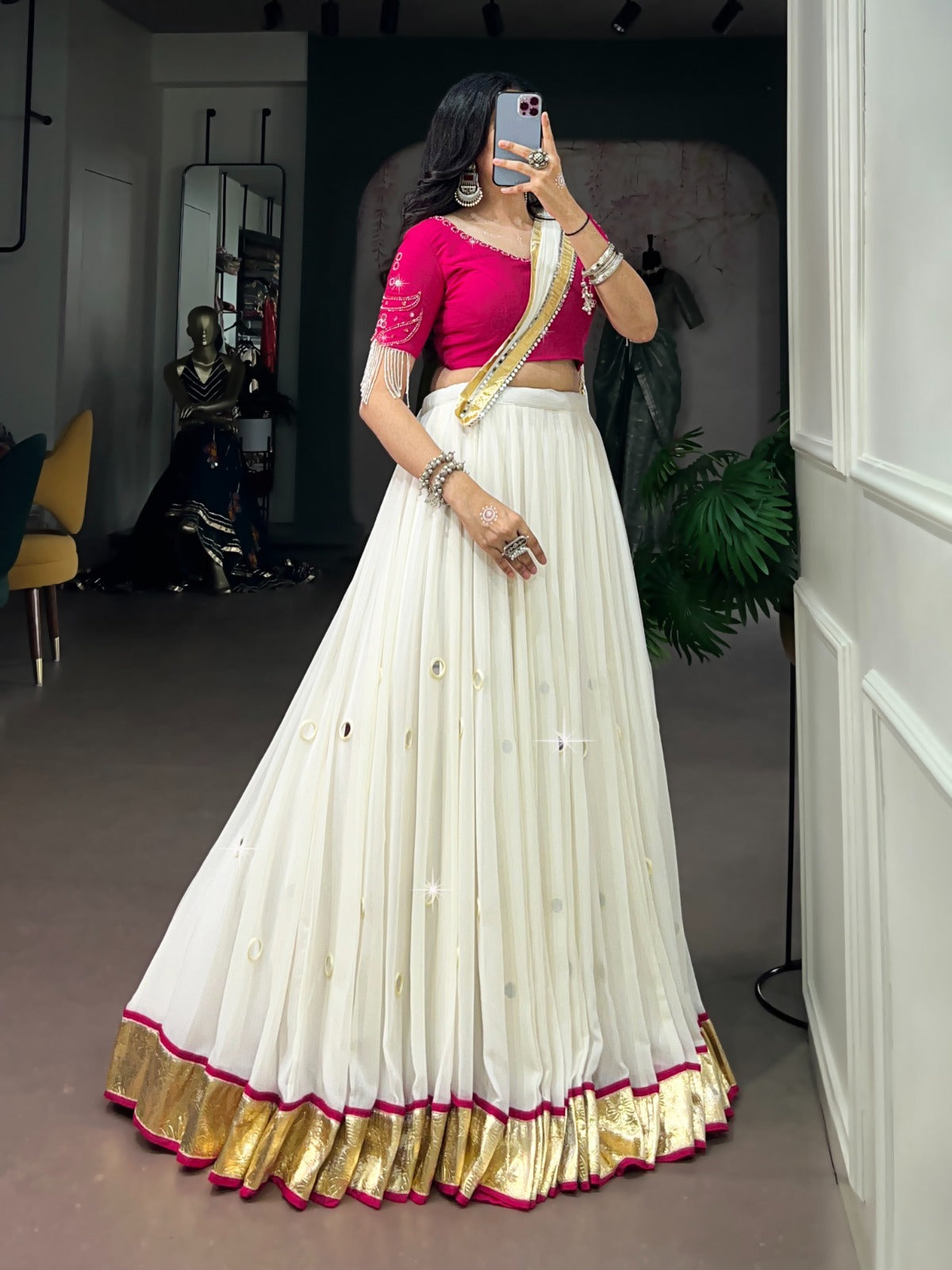 White color Real Mirror work Navratri Lehenga choli