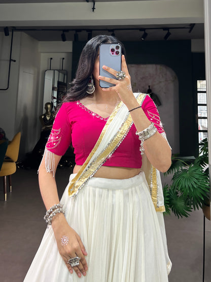 White color Real Mirror work Navratri Lehenga choli