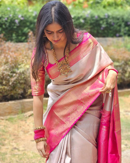 Cream color Banarasi silk Saree with Unstitched Blouse