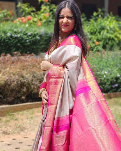 Cream color Banarasi silk Saree with Unstitched Blouse
