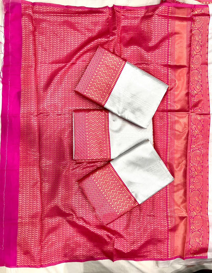 Cream color Banarasi silk Saree with Unstitched Blouse