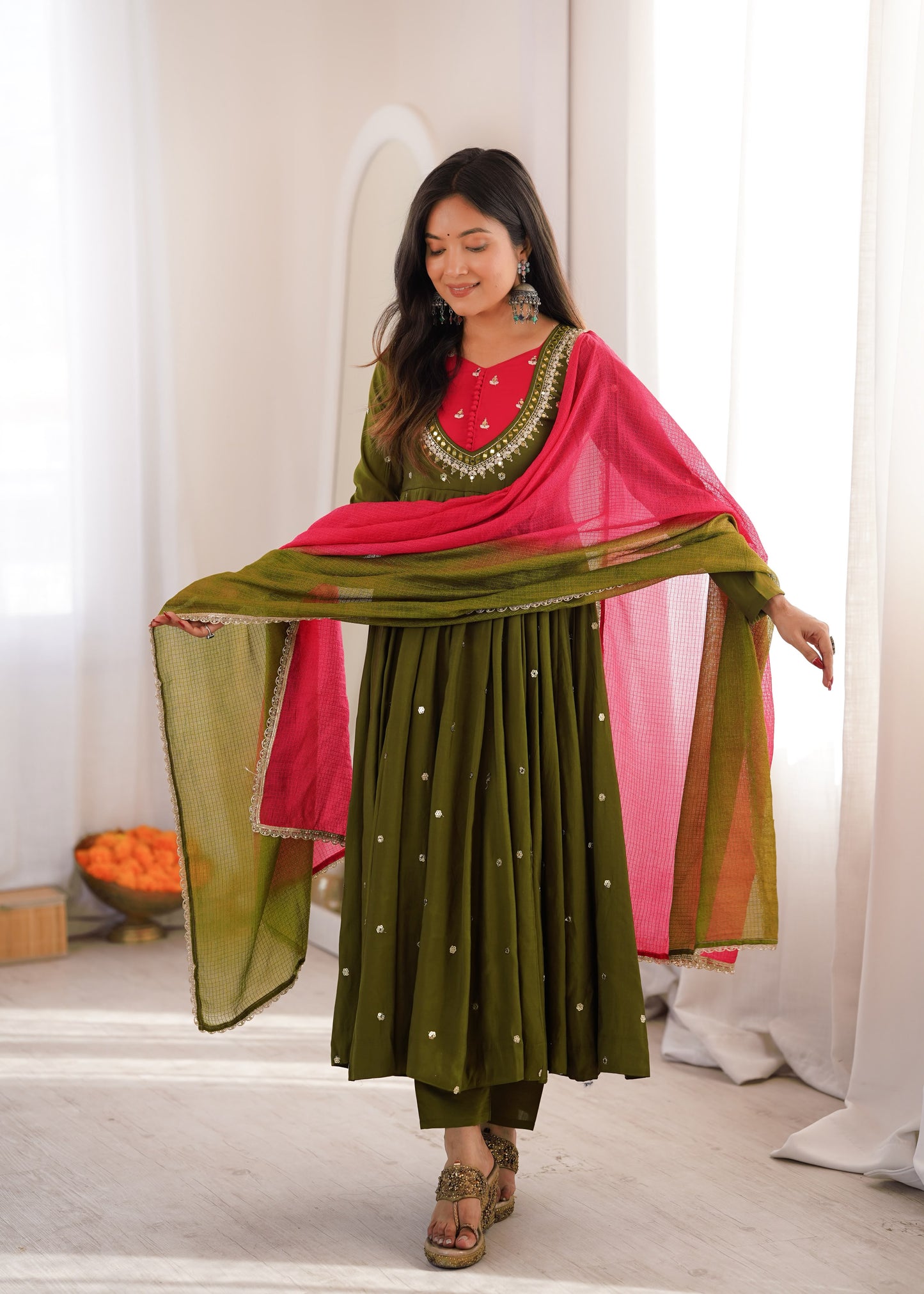 Elegant Mehndi Green Embroidered Sequence With Real Mirror Designer Anarkali Three Piece Set