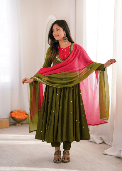 Elegant Mehndi Green Embroidered Sequence With Real Mirror Designer Anarkali Three Piece Set