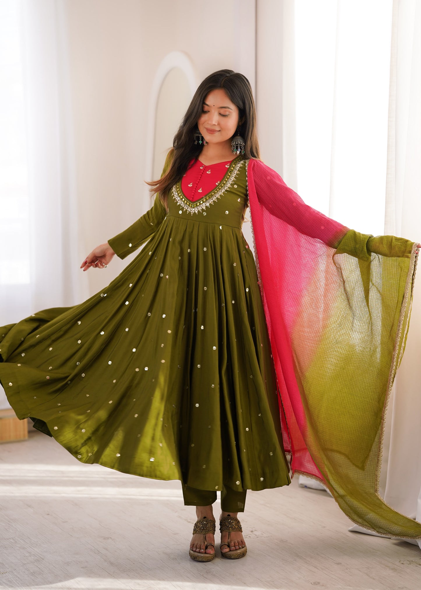 Elegant Mehndi Green Embroidered Sequence With Real Mirror Designer Anarkali Three Piece Set