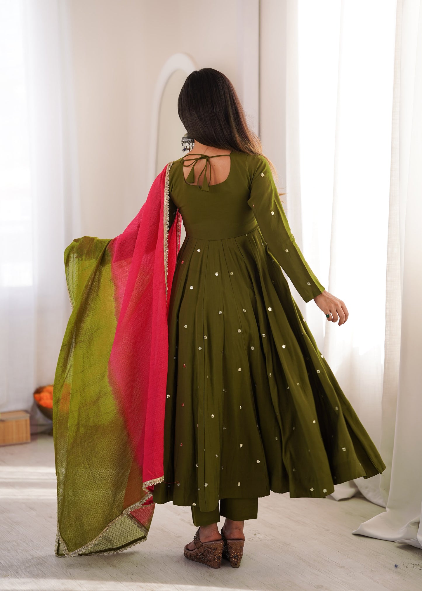 Elegant Mehndi Green Embroidered Sequence With Real Mirror Designer Anarkali Three Piece Set