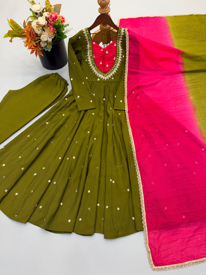 Elegant Mehndi Green Embroidered Sequence With Real Mirror Designer Anarkali Three Piece Set