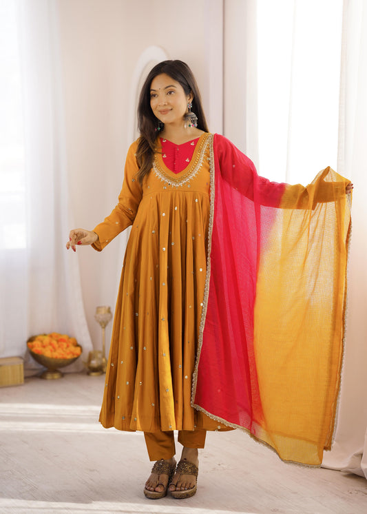 Elegant Yellow color Embroidered Sequence With Real Mirror Designer Anarkali Three Piece Set