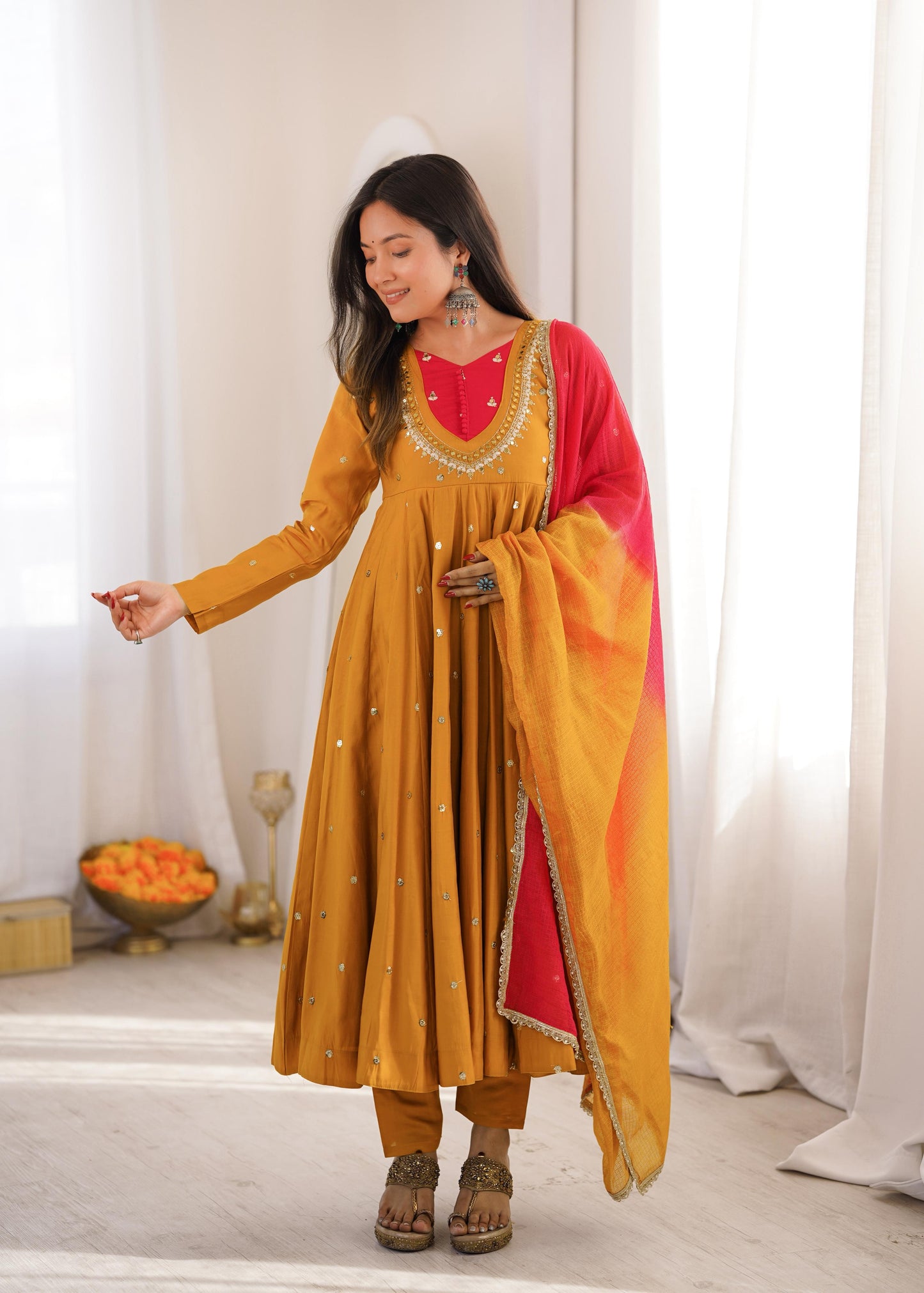 Elegant Yellow color Embroidered Sequence With Real Mirror Designer Anarkali Three Piece Set