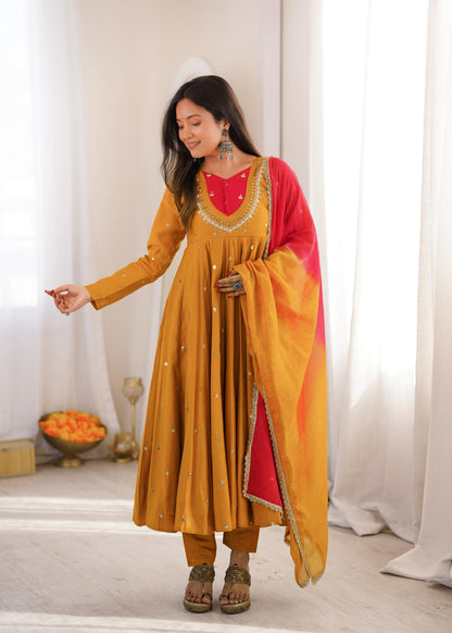 Elegant Yellow color Embroidered Sequence With Real Mirror Designer Anarkali Three Piece Set