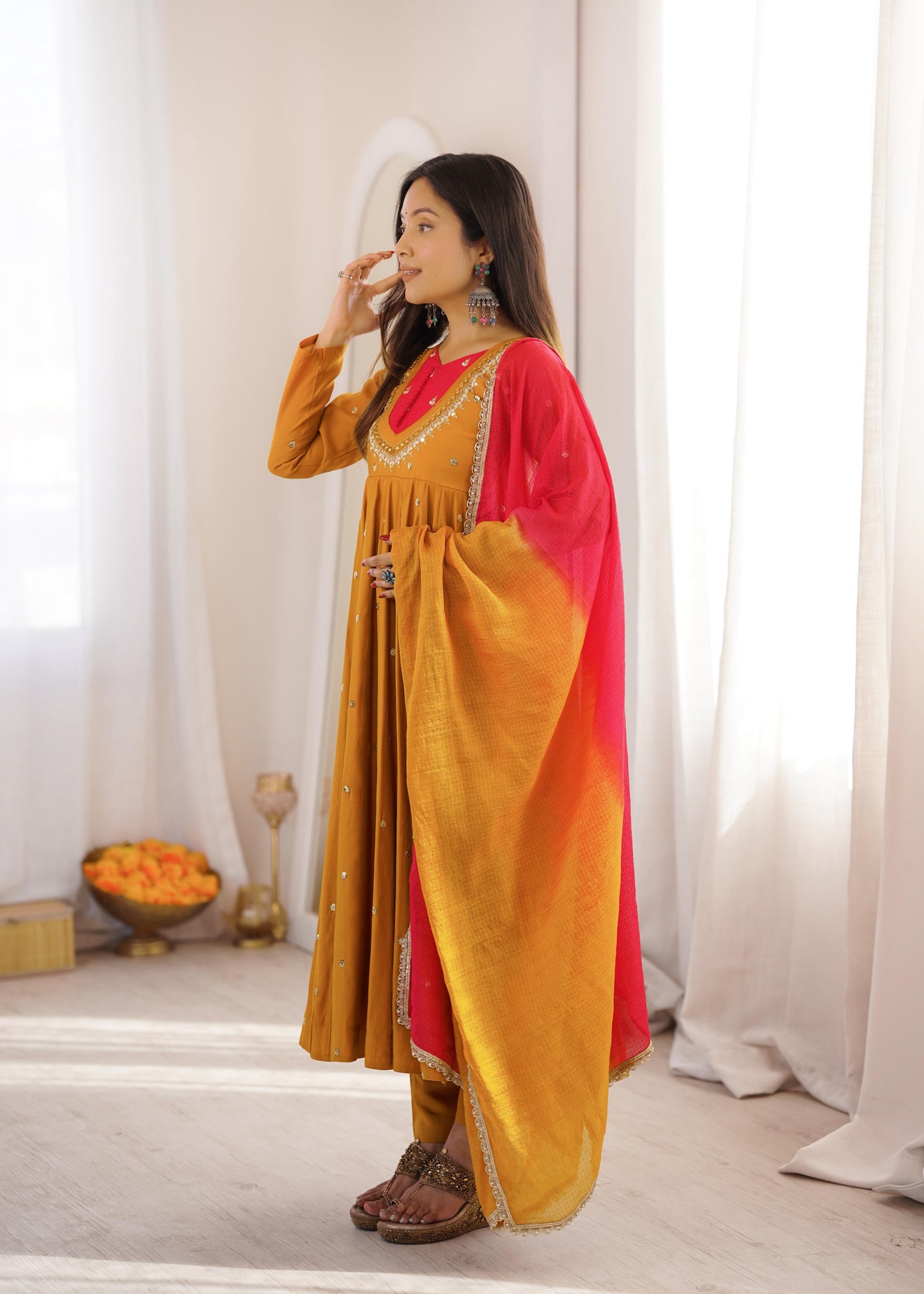 Elegant Yellow color Embroidered Sequence With Real Mirror Designer Anarkali Three Piece Set