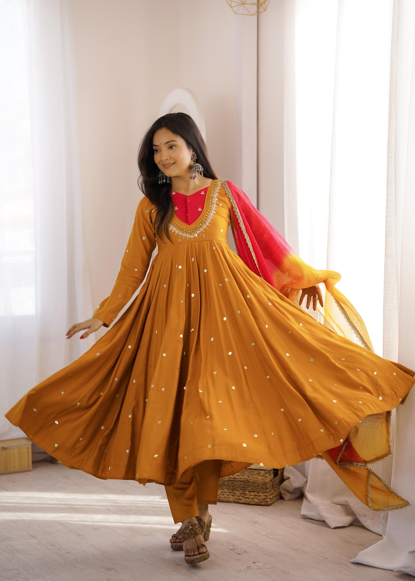 Elegant Yellow color Embroidered Sequence With Real Mirror Designer Anarkali Three Piece Set