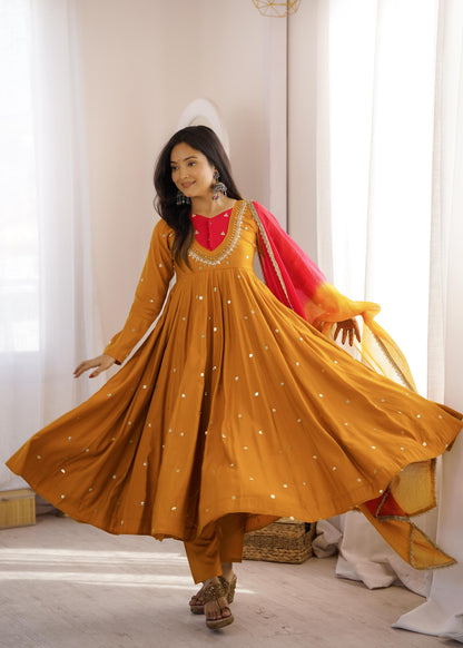 Elegant Yellow color Embroidered Sequence With Real Mirror Designer Anarkali Three Piece Set