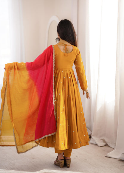 Elegant Yellow color Embroidered Sequence With Real Mirror Designer Anarkali Three Piece Set