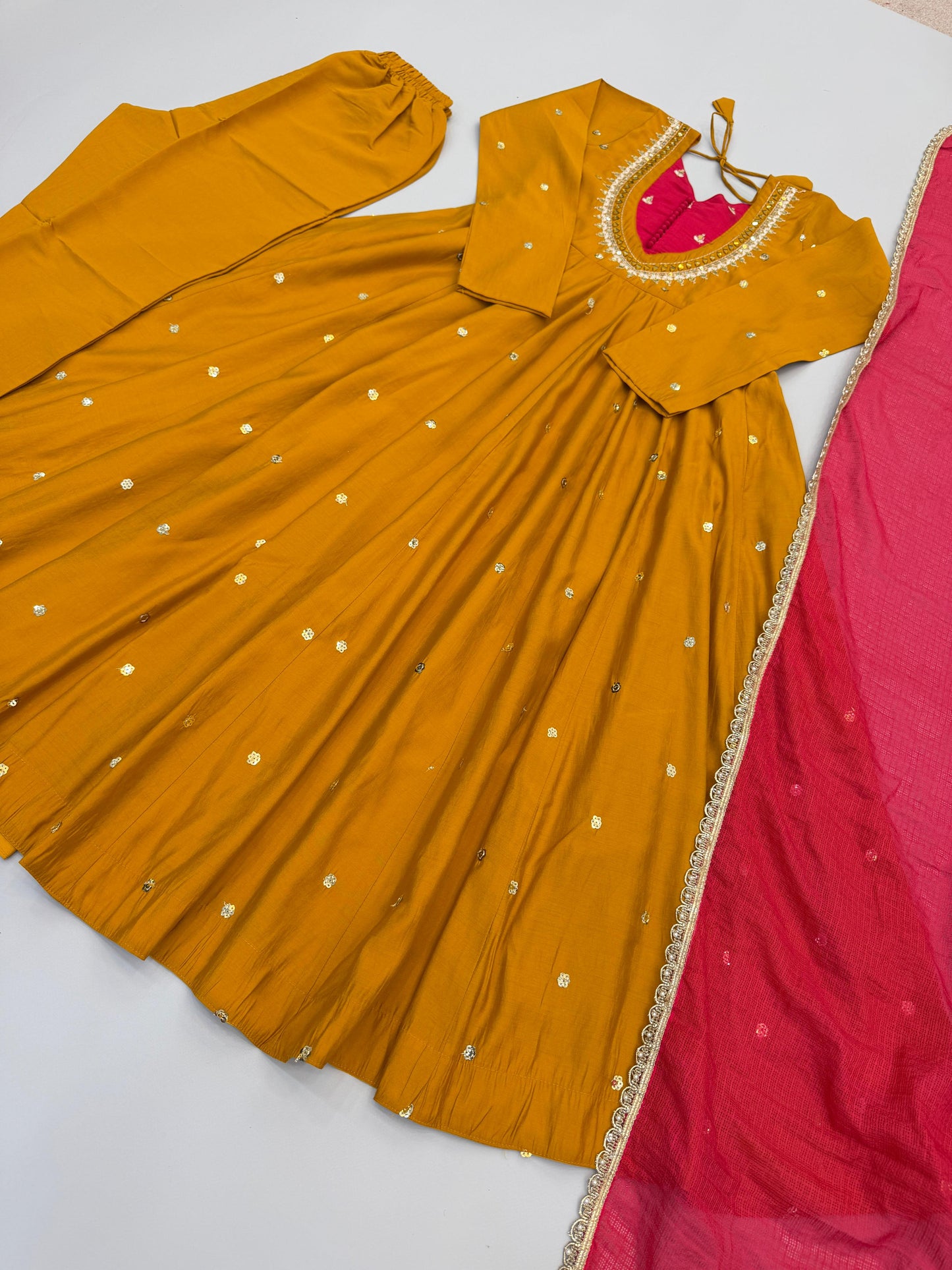 Elegant Yellow color Embroidered Sequence With Real Mirror Designer Anarkali Three Piece Set