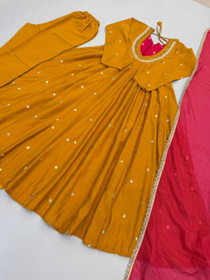 Elegant Yellow color Embroidered Sequence With Real Mirror Designer Anarkali Three Piece Set