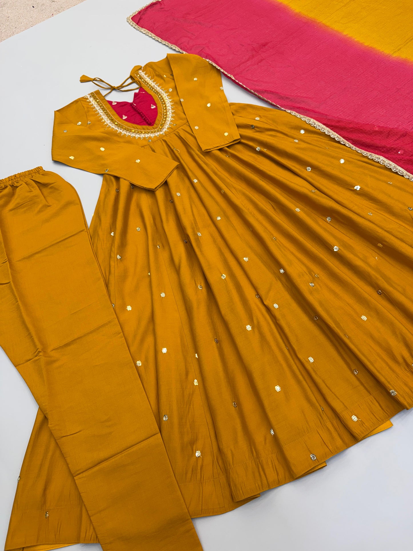 Elegant Yellow color Embroidered Sequence With Real Mirror Designer Anarkali Three Piece Set