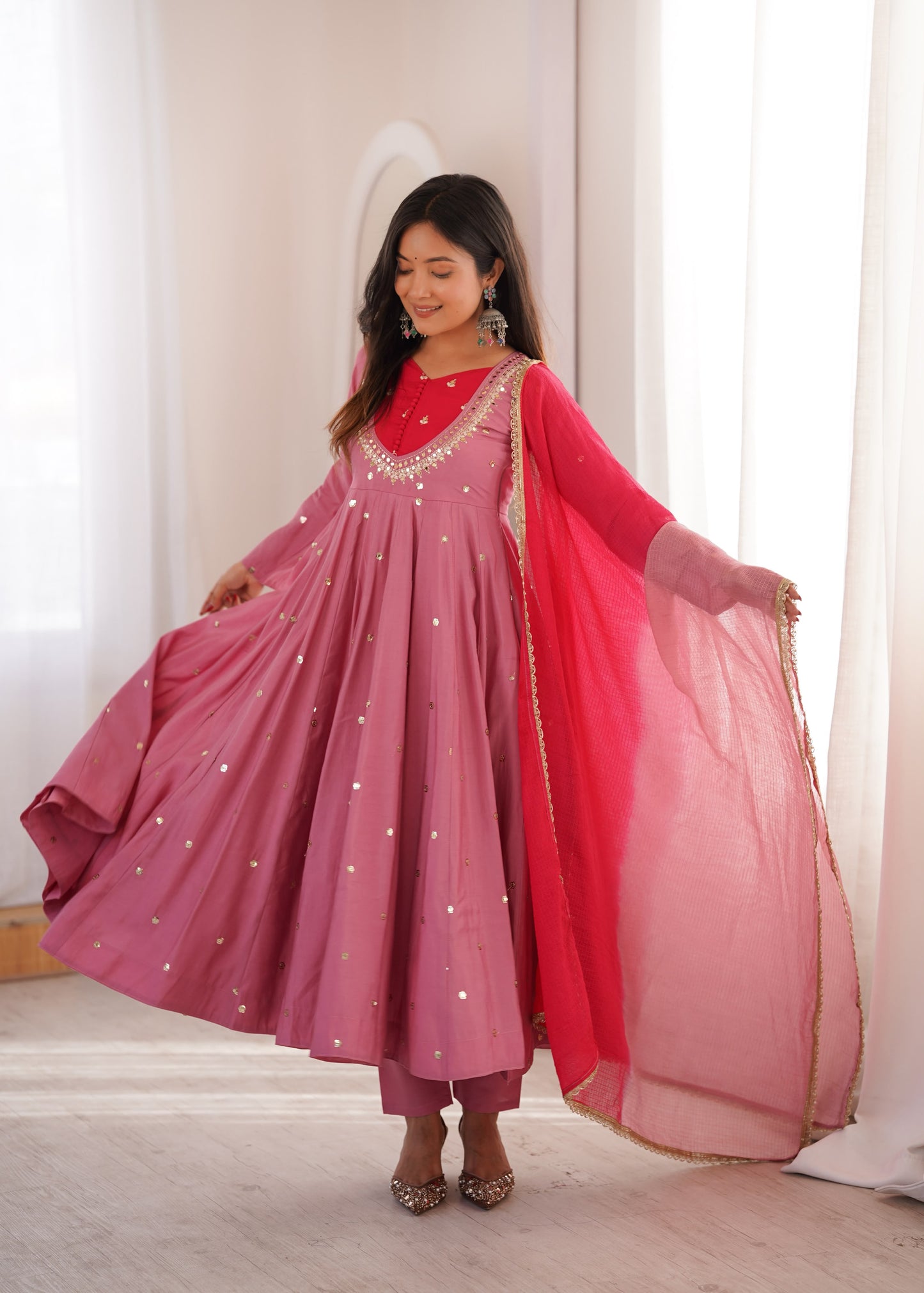 Elegant Rose Pink Embroidered Sequence With Real Mirror Designer Anarkali Three Piece Set