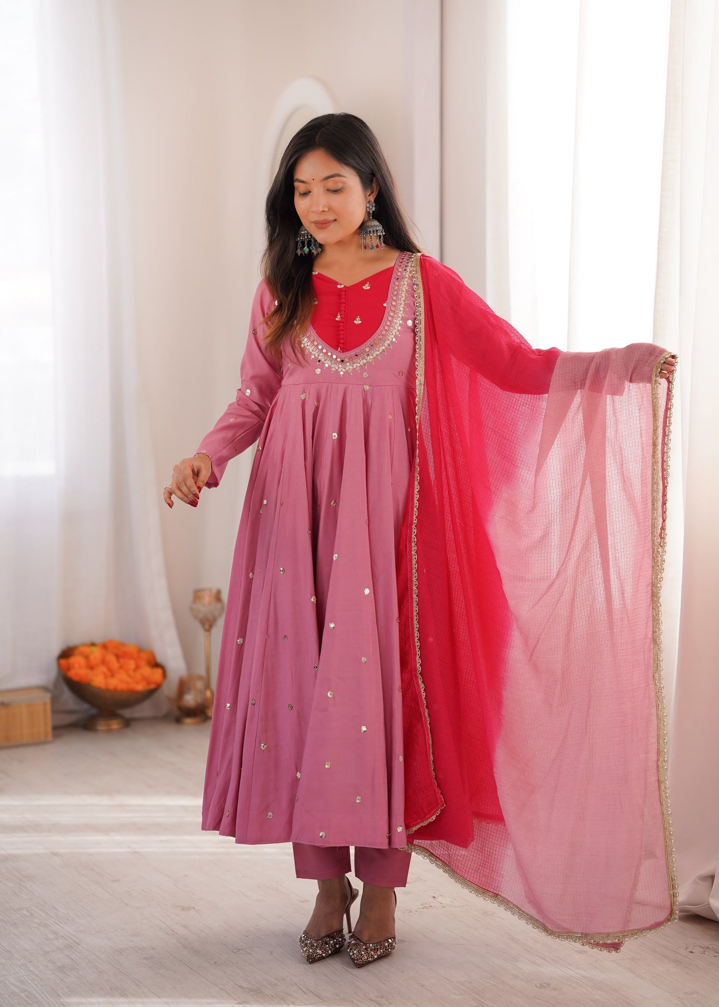 Elegant Rose Pink Embroidered Sequence With Real Mirror Designer Anarkali Three Piece Set