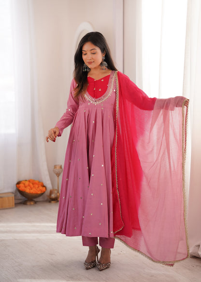Elegant Rose Pink Embroidered Sequence With Real Mirror Designer Anarkali Three Piece Set