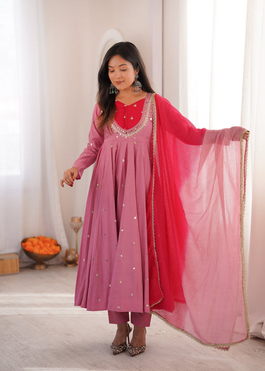 Elegant Rose Pink Embroidered Sequence With Real Mirror Designer Anarkali Three Piece Set