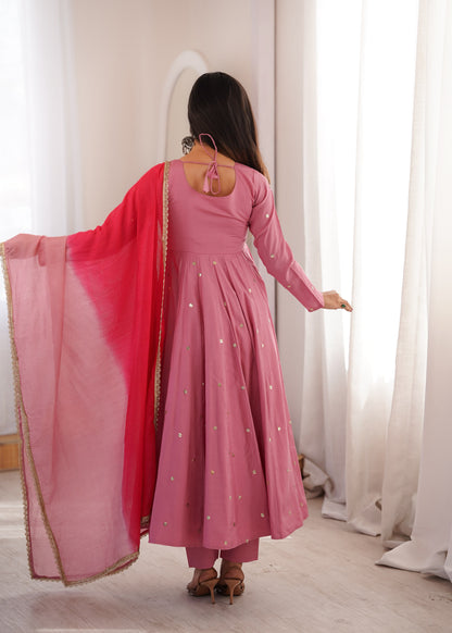 Elegant Rose Pink Embroidered Sequence With Real Mirror Designer Anarkali Three Piece Set